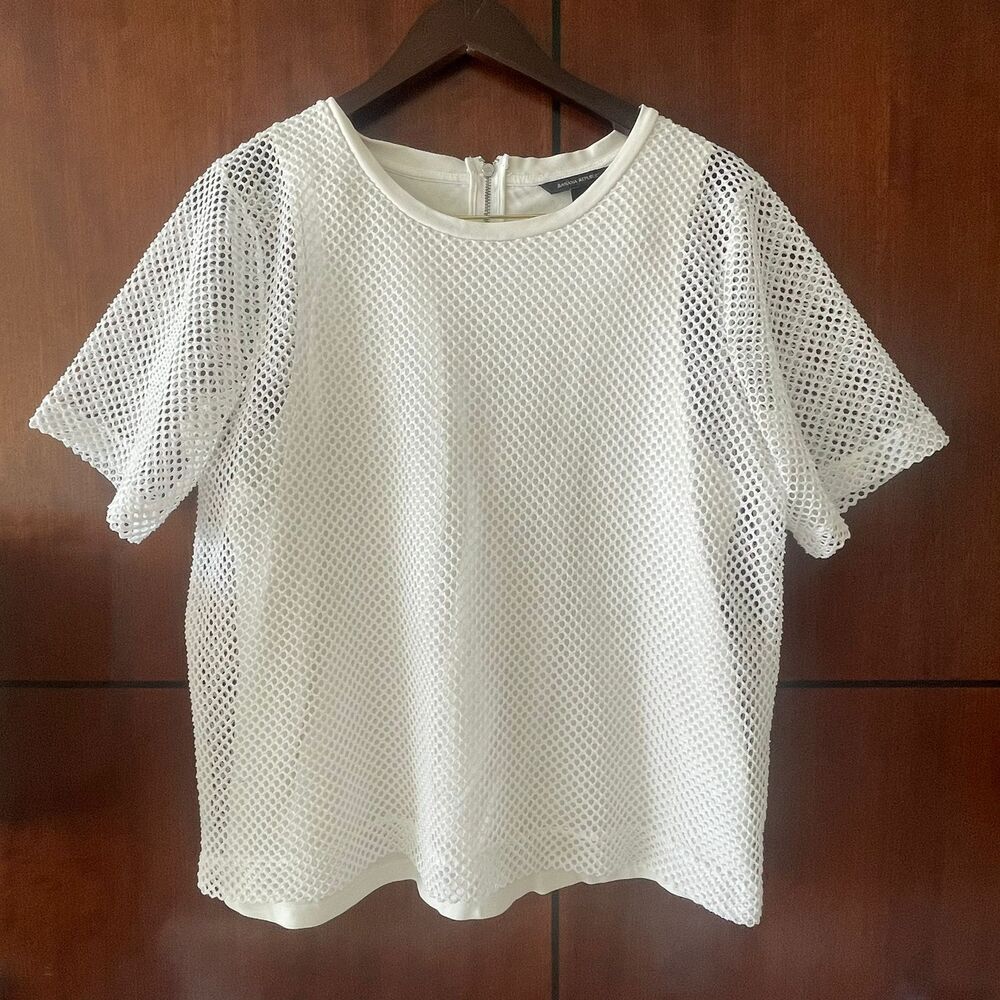 Banana Republic White Mesh Knit Crew Neck Tee Shirt Top Women’s Size Large L - Picture 2 of 8